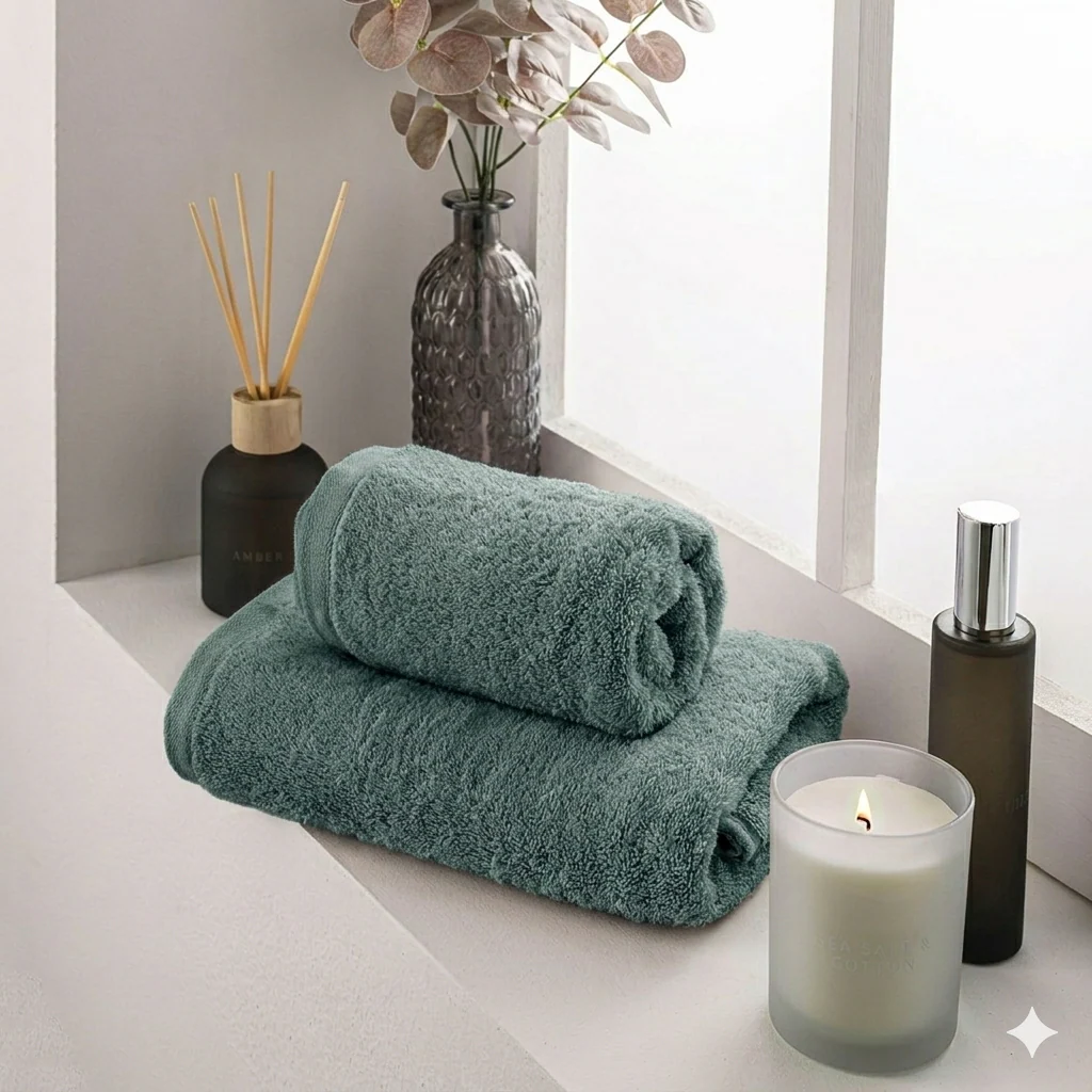 Set 2 Asciugamani in Spugna di Cotone Atelier Fragrance Standard Tinta Unita Dark Green - Image 2
