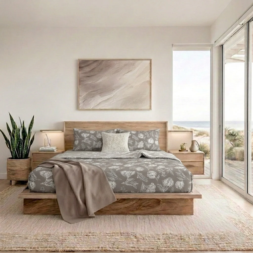 Completo Letto Matrimoniale in Cotone con Stampa - Fantasia Blossom Taupe