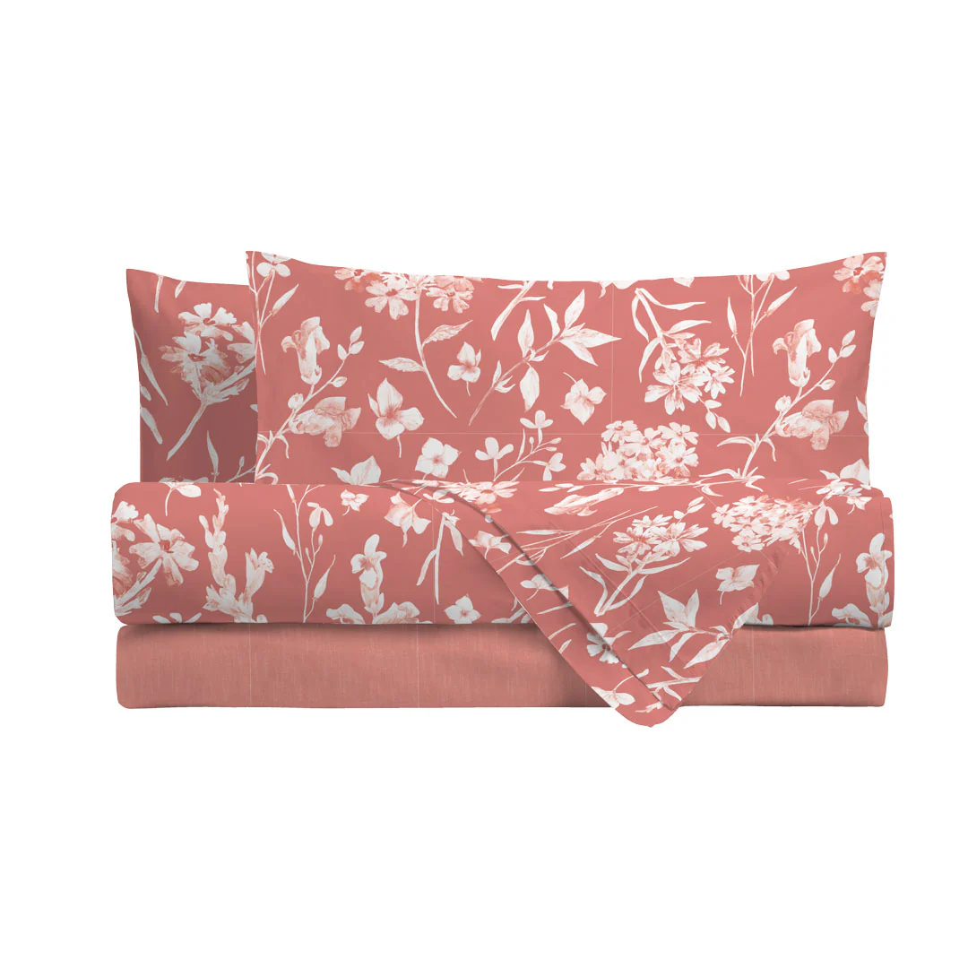 Completo Letto Matrimoniale in Cotone con Stampa - Fantasia Fedora Coral - Image 2