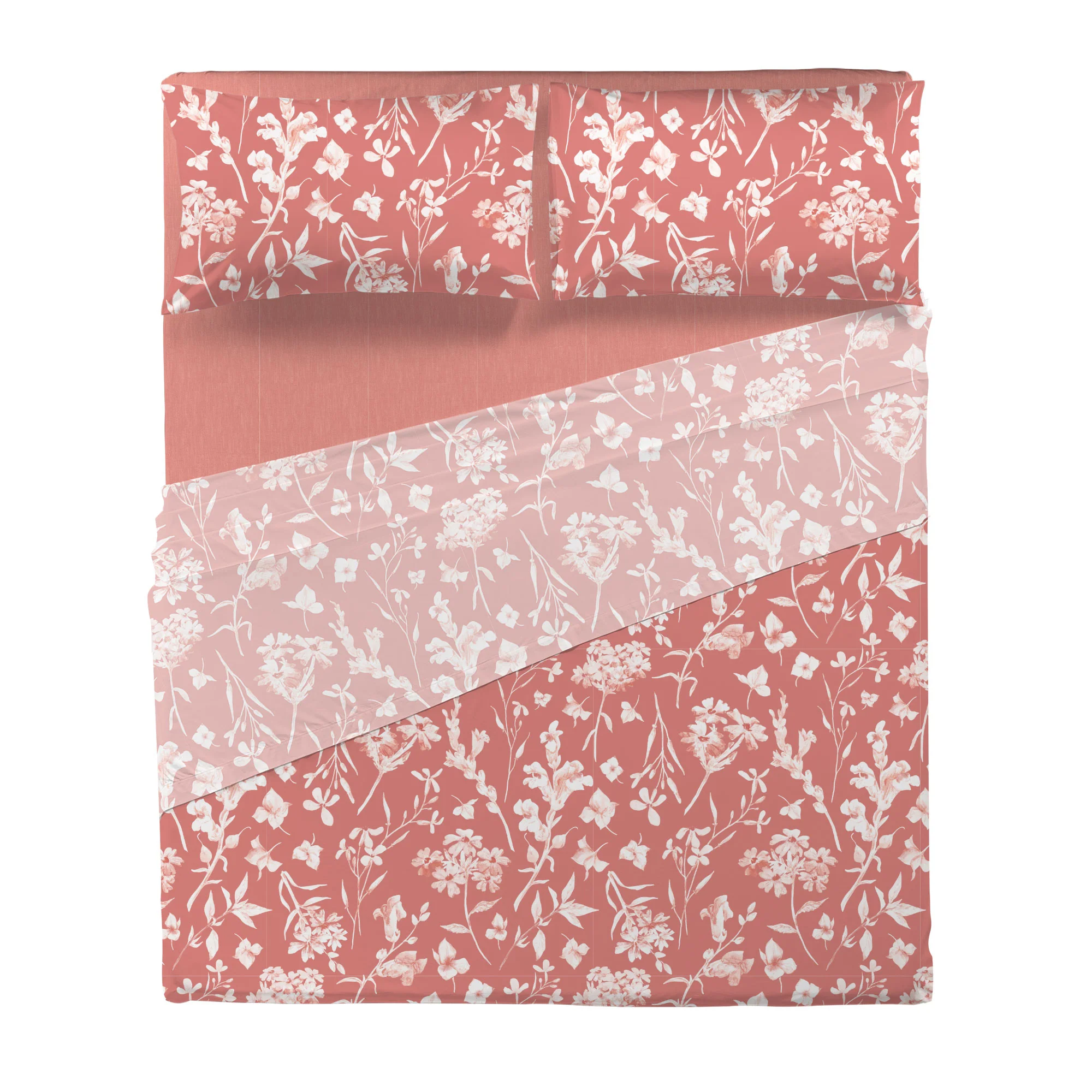 Completo Letto Matrimoniale in Cotone con Stampa - Fantasia Fedora Coral - Image 3