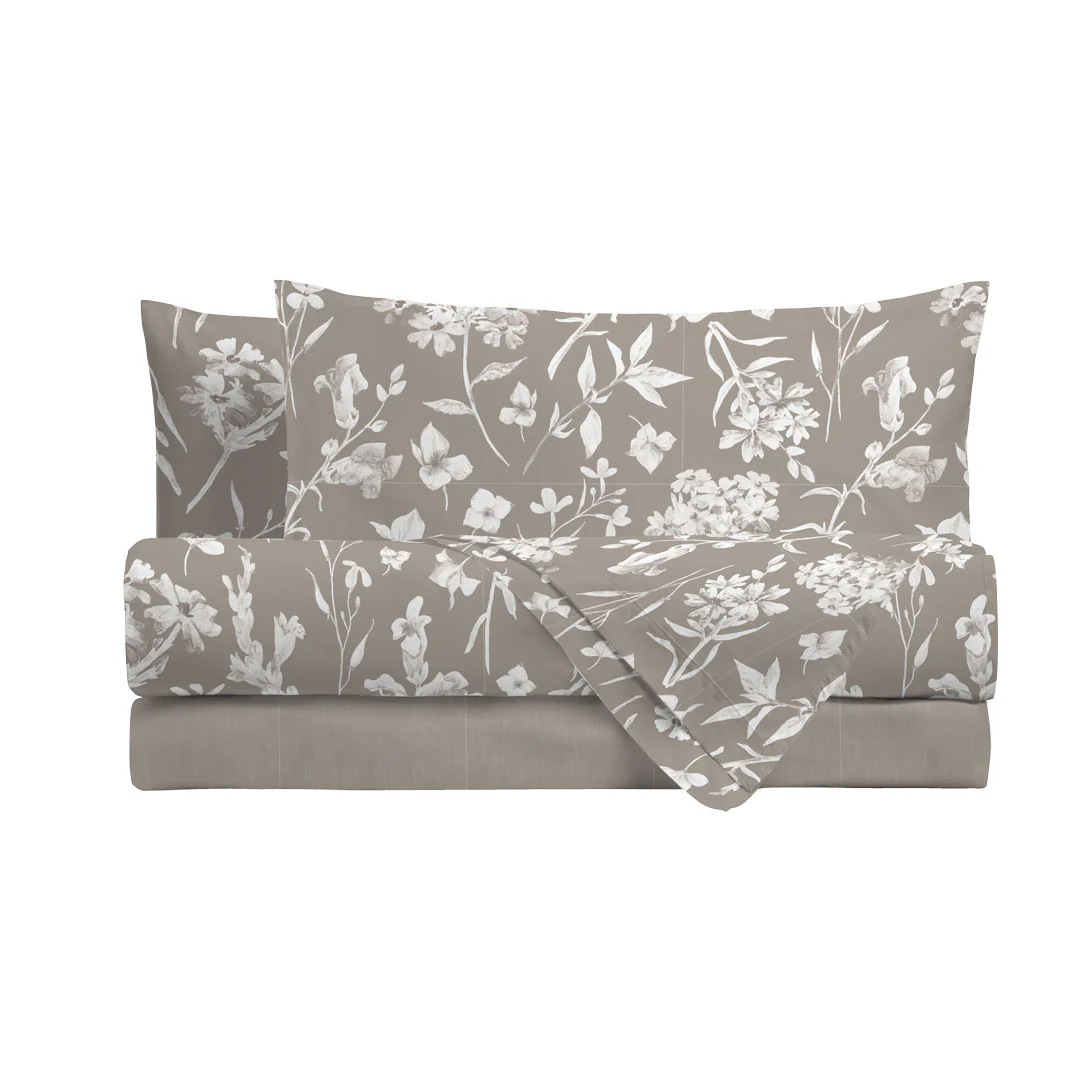 Completo Letto Matrimoniale in Cotone con Stampa - Fantasia Fedora Taupe - Image 2