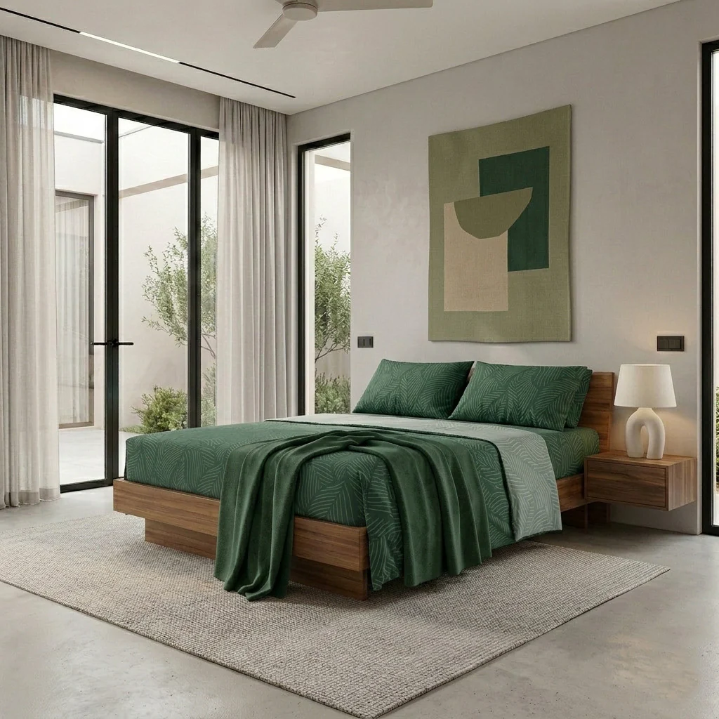Completo Letto Matrimoniale in Cotone con Stampa Gylfe Green