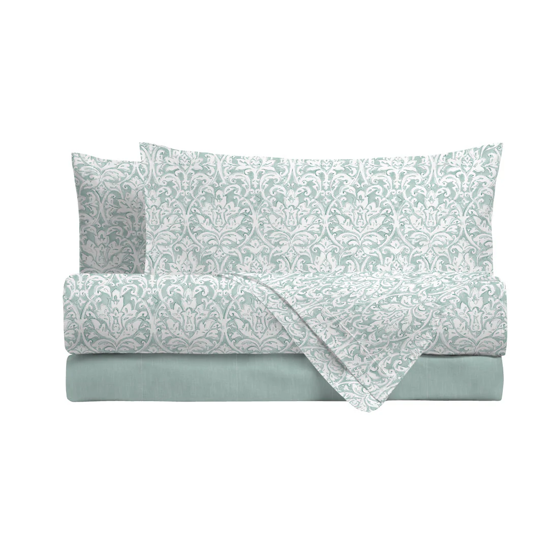 Completo Letto Matrimoniale in Cotone con Stampa - Fantasia Filomena Aqua - Image 2