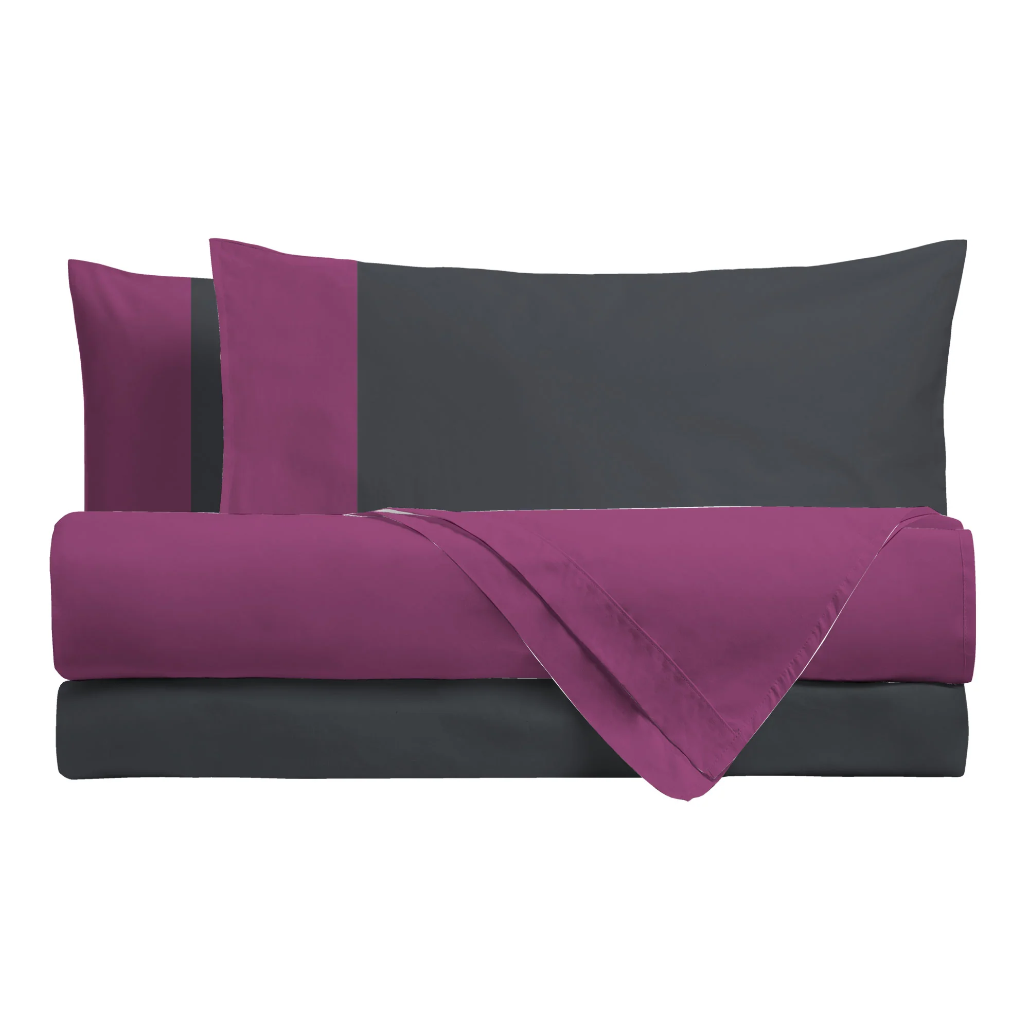 Happidea Completo Letto Matrimoniale in Cotone Bicolore Ciclamino/Bicolore Grafite