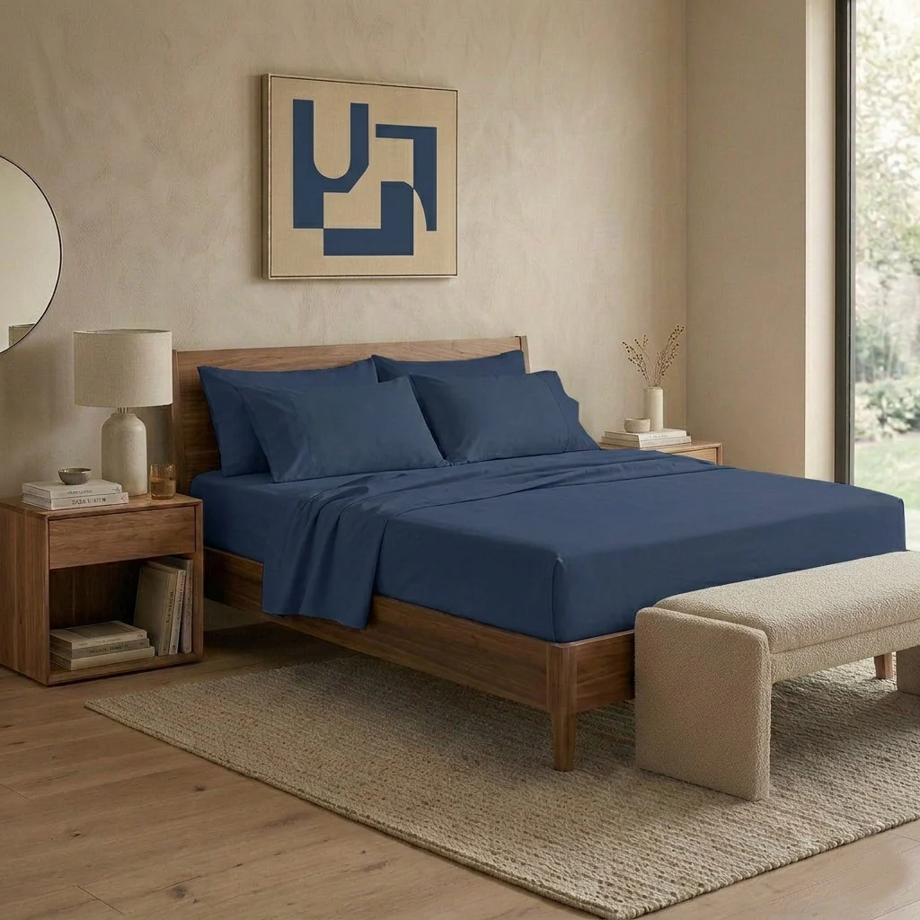 Happidea Completo Letto Matrimoniale in Cotone Tinta Unita Blu Profondo