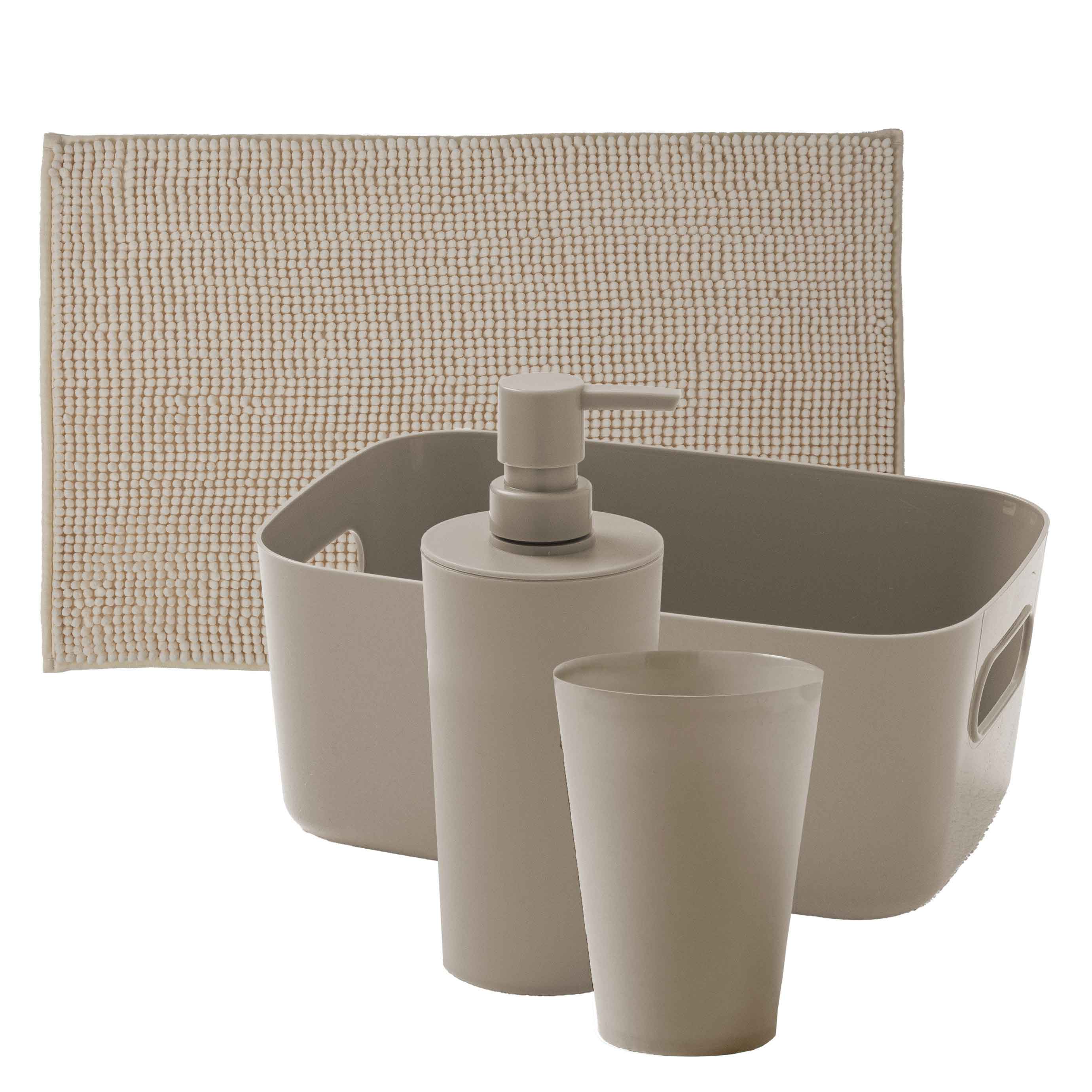 Set 4 Pezzi: Cestino, Tappeto Bagno, Dispenser e Portaspazzolini Zen Standard Tinta Unita Beige